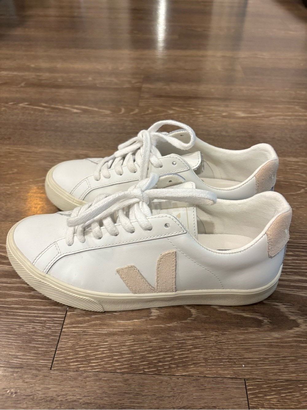 Veja White Leather Sneakers with Beige Suede V